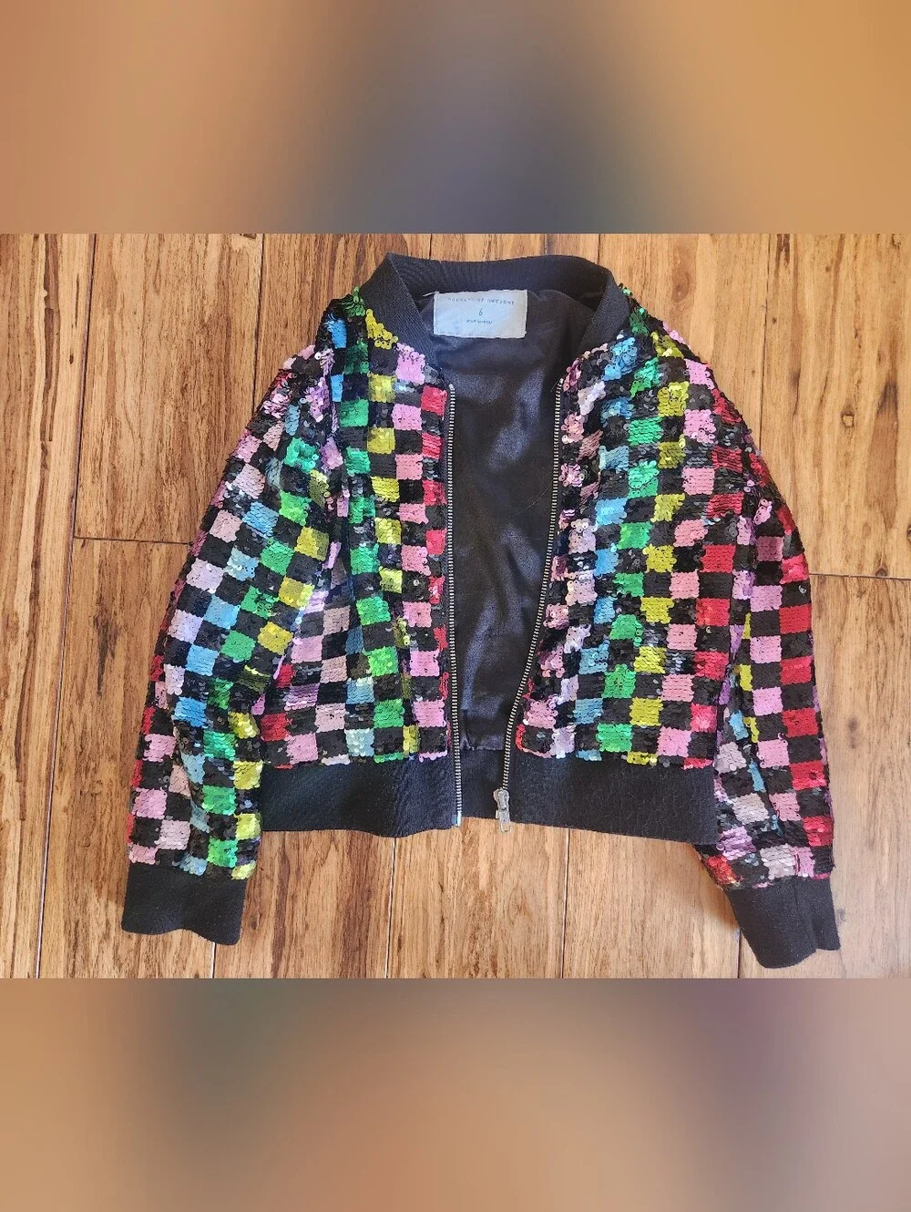 Rockets of Awesome Rainbow Sequined Checkerboard Bomber Jacket – Kids Size 6